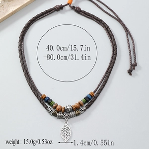 Bohemian multilayer wooden bead long necklace with silver leaf pendant and woven cord