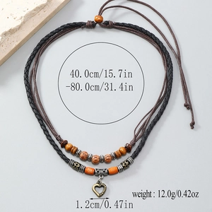 Retro multilayer woven necklace with bronze heart pendant and beads, length 40-80cm