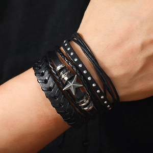 Men's retro multilayer leather bracelet set with pentagram charm and braided straps