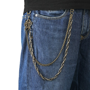 Double-layered hip hop punk waist chain with bronze metal star and spider pendant