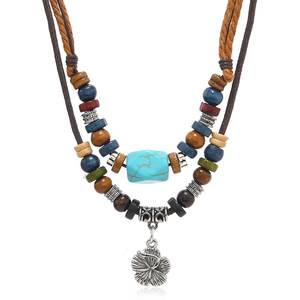 Vintage Bohemian Multi Layer Necklace With Artificial Turquoise Bead And Metal Flower Pendant Handmade Wax Cord Wood Beads Jewelry