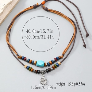 Bohemian multilayer turquoise necklace with brown woven rope and flower pendant