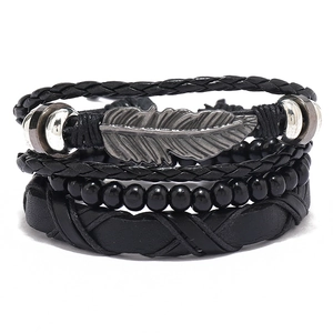Men's Retro Punk Hand-Woven Artificial Leather Bracelet Set With Alloy Feather Pendant Adjustable Black Multi-Layer Bracelet Jewelry