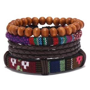 Bohemian Hand Woven Bracelet Set Synthetic Leather Wood Beads Ethnic Style Unisex Retro Jewelry Adjustable Braided Rope Bracelets