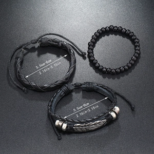 Men's 3-piece set featuring black braided leather bracelets and a silver feather charm
