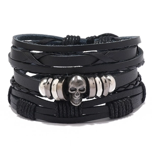 Skull Multilayer Leather Bracelet Set Handmade Woven Adjustable Vintage Punk Wristband Black Alloy Men Women Jewelry Gift