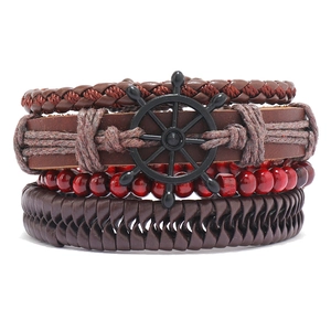 Vintage Punk Hand-woven Faux Leather Bracelet With Rudder Helm Charm Wood Beads Multi-layer Stackable Nautical Bracelet For Men Women Daily Decor