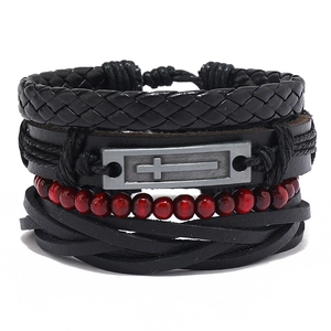 Bracelets Multicouches Vintage avec Croix pour Hommes Femmes Tressés à la Main en Cuir Synthétique Réglables Punk Bijoux