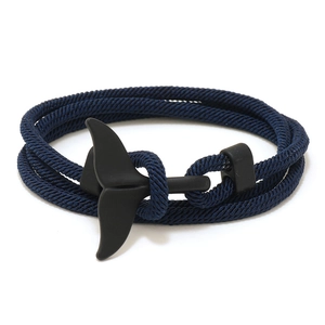 Minimalist navy blue multi-layer woven nautical bracelet with black whale tail hook clasp