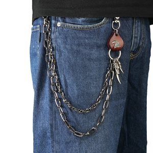 Punk Doppel-Hosenkette in Silber mit Adler-Lederanhänger und Krallen-Anhängern aus Metall