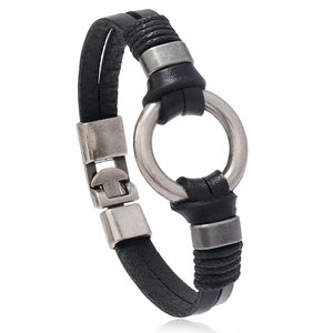 Bracelet en Cuir de Vachette Vintage pour Hommes Tressé Multicouche Anneau en Alliage Rétro Punk Style Industriel Bijoux