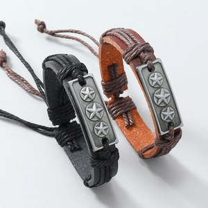 Handmade woven vintage leather bracelet with embossed pentagram stars in black and brown