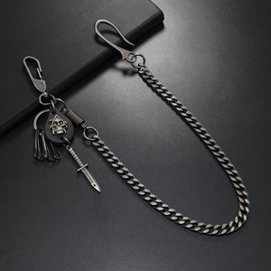 Punk rock pants chain with skull leather charm and dagger pendant in vintage black finish