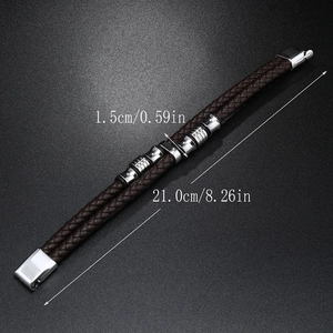Bracelet pour hommes en cuir tressé marron avec cylindre en métal et dimensions