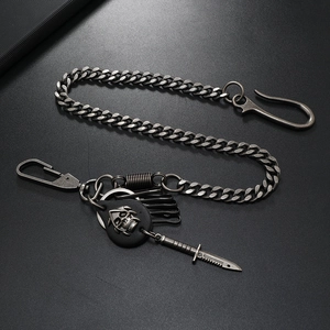Punk rock metal pants chain with skull pendant and dagger charm for streetwear style