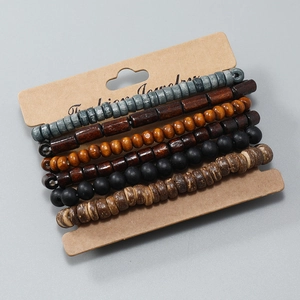 Detail of 6-piece handmade wooden bead bracelet set on a kraft display card