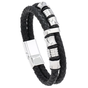 Bracelet multicouche en cuir tressé noir pour homme avec perles argentées et fermoir aimant