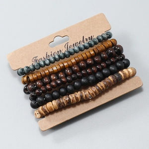 Set of six handmade coconut wood beaded bracelets in vintage brown and grey ethnic style