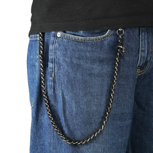 Punk style gunmetal pants chain with black leather braid for jeans and street fashion