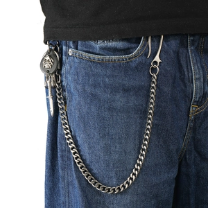 Punk rock skull and dagger wallet chain for men styled on blue denim jeans
