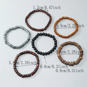 Vintage 6-piece handmade beaded bracelet set with wood beads and coconut shell charms