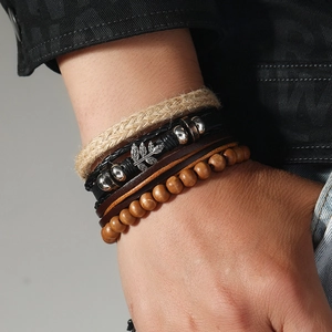 Handmade vintage multilayer leather bracelet set for men with leaf charm and wooden beads