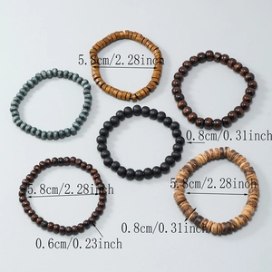 Set of 6 handmade elastic wooden bead bracelets in mixed earthy tones and various sizes