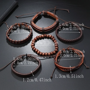 Lot de 6 bracelets vintage en cuir pour hommes avec cordons tressés et perles en bois