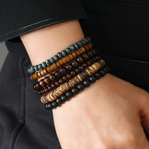 Set of 6 minimalist handmade wooden beaded bracelets with elastic cord for men