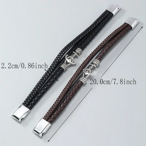 Men's multilayer braided leather bracelet with silver anchor and magnetic clasp closure