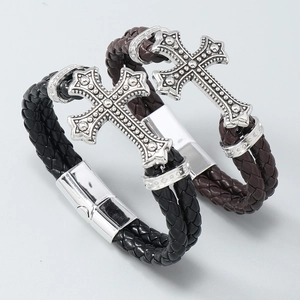 Mens woven leather bracelets with vintage metal cross charms and magnetic clasps