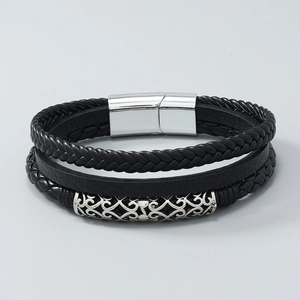 Men's multilayer braided leather bracelet with silver pattern metal and magnetic clasp