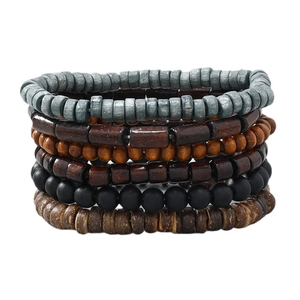 Handmade 6-piece beaded bracelet set featuring vintage wood and coconut shell textures