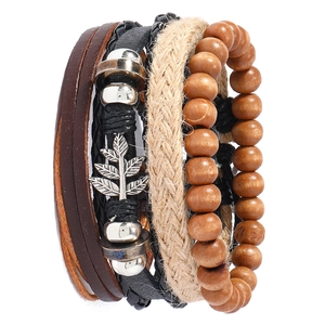 Men's bohemian handmade multilayer leather bracelet set with silver leaf charm and wood beads