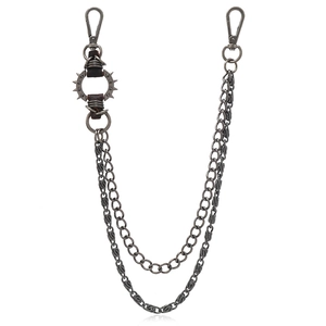 Punk style multilayer gunmetal pants chain with metallic spikes and leather detailing