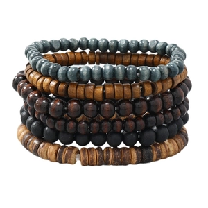 Handmade bohemian multilayer beaded bracelet with wood and coconut shell beads in earthy tones
