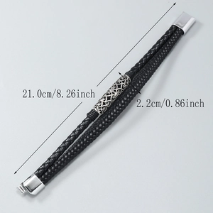 Men's multilayer black braided PU leather bracelet with retro silver magnetic buckle