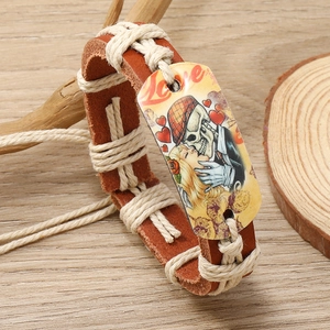 Adjustable brown leather bracelet with Love totem and vintage retro punk illustrations