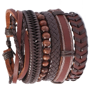 Ensemble de 6 bracelets vintage en cuir multicouches avec cordons tressés et perles