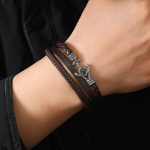 Men's multilayer braided leather bracelet with vintage anchor magnetic clasp detail