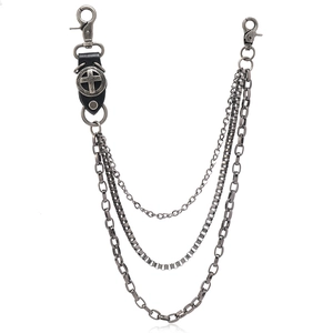 Multi-layer gothic punk waist chain with black leather cross charms and silver metal links
