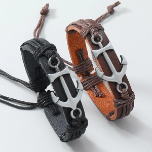 Handmade nautical anchor bracelets in black and brown leather with vintage metal charm