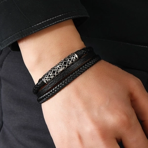 Men's multilayer braided leather bracelet with vintage silver filigree metal magnetic clasp