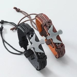 Handmade adjustable leather bracelet set with vintage silver bird charms for couples