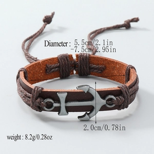 Adjustable brown braided leather anchor bracelet with vintage style metal nautical charm