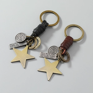 Vintage leather star pendant keychains with bronze charms and hand-woven straps