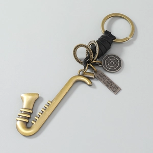 Retro saxophone keychain with woven leather strap and inspirational metal pendant charm