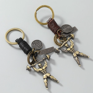 Handmade woven leather keychain with vintage alloy weightlifting charms and pendant