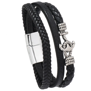 Men's multi-layer black braided leather anchor bracelet with silver magnetic metal clasp