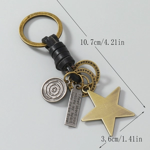 Retro handmade braided leather keychain with pentagram star pendant and metal charms